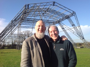 Farmer Michael Eavis with neighbour Theo Simon in front of Gastonbury Festival's Pyramid Stage.